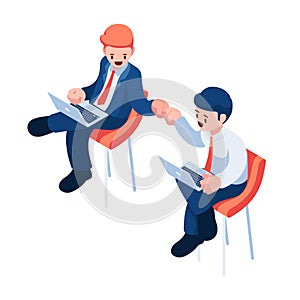 Isometric Businesspeople Working on Laptop Giving Each Other a Fist Bump