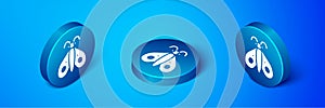 Isometric Butterfly icon isolated on blue background. Blue circle button. Vector