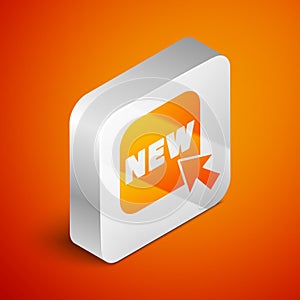Isometric Button with an inscription New icon isolated on orange background. Badge for price. Promo tag discount. Silver