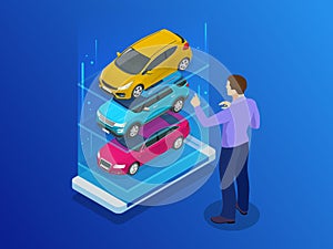 Isometric buy a car or rental a car online design web banner. Used cars app vector illustration