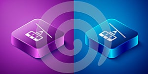 Isometric Cable car icon isolated on blue and purple background. Funicular sign. Square button. Vector