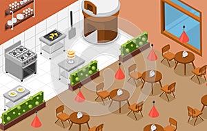 Isometric cafeteria. Pizzeria interior with special stove, tables and open kitchen. Restaurant italian cuisine with photo