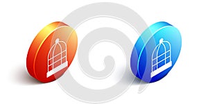 Isometric Cage for birds icon isolated on white background. Orange and blue circle button. Vector