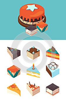 Isometric cakes. Delicious products sliced cake pieces garish vector illustrations