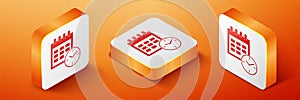 Isometric Calendar and clock icon isolated on orange background. Schedule, appointment, organizer, timesheet, time