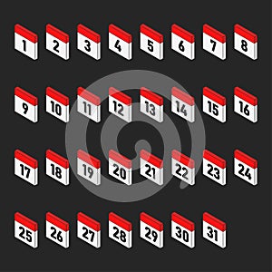 Isometric calendar days icons from 1 to 31. Deadline day in 3d style. Illustration n dark background