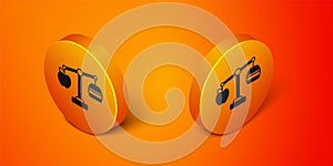 Isometric Calorie calculator icon isolated on isolated on orange background. Calorie count. Diet. Weight loss. Portion