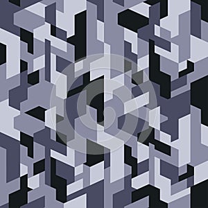 Isometric camouflage pattern background. Geometric camo repeat print. Black, grey and white colors seamless texture.