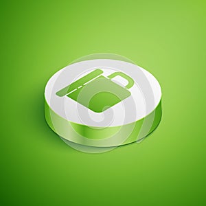 Isometric Camping metal mug icon isolated on green background. White circle button. Vector Illustration