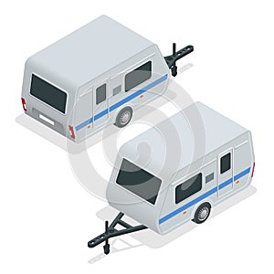 Isometric Camping trailer on road. Travel concept. Recreational vehicles.