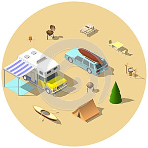 Isometric camping vector illustration