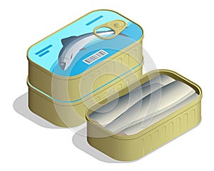 Isometric Can of sardines. Canned sardine cans stacked in a pile, with an open isolated on white background