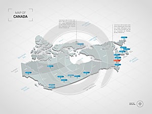 Isometric Canada map with city names and administrative division