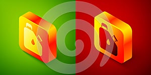 Isometric Canister for flammable liquids icon isolated on green and red background. Oil or biofuel, explosive chemicals