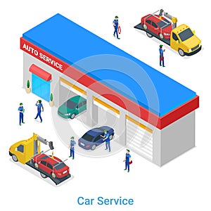 Isometric Car Auto Vehicle Service Station Garage with tow truck evacuator flat vector illustration