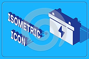 Isometric Car battery icon isolated on blue background. Accumulator battery energy power and electricity accumulator