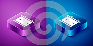 Isometric Car battery icon isolated on blue and purple background. Accumulator battery energy power and electricity