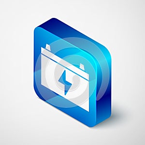 Isometric Car battery icon isolated on grey background. Accumulator battery energy power and electricity accumulator