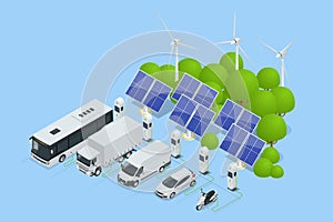 Isometric Car charger. Electromobile charging station. Car, bus, truck, van, motorcycle, on renewable solar wind energy