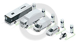 Isometric Car charger. Electromobile charging station. Car, bus, truck, van, motorcycle, on renewable solar wind energy