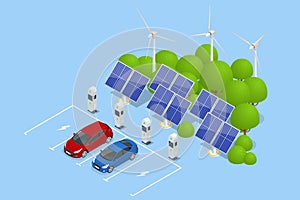 Isometric Car charger. Electromobile charging station. Caron renewable solar wind energy in network grid.