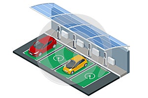 Isometric Car charger. Electromobile charging station. Caron renewable solar wind energy in network grid.