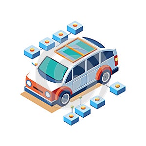 Isometric Car Connected to Network Nodes Representing Data Flow and Connectivity