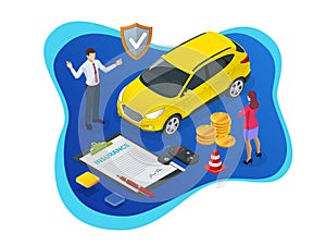 Isometric Car Insurance concept. Auto insurance policy with cash and key fob. Reimbursement Vehicle.