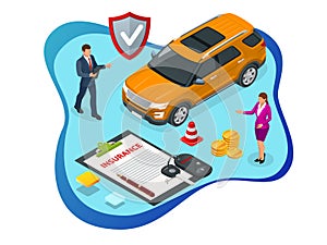 Isometric Car Insurance services. Auto insurance policy with cash and key fob. Protection from danger, providing