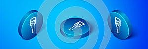 Isometric Car key with remote icon isolated on blue background. Car key and alarm system. Blue circle button. Vector