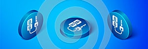 Isometric Car key with remote icon isolated on blue background. Car key and alarm system. Blue circle button. Vector