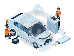 Isometric car maintenance, repair, computer diagnostics station. Auto repair service, mechanic engine diagnostic
