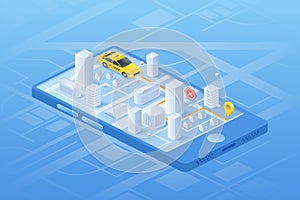Isometric car map. GPS mobile application. Taxi navigation phone app. 3D buildings and automobile roads or smartphone