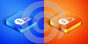 Isometric Car rental icon isolated on blue and orange background. Rent a car sign. Key with car. Concept for automobile