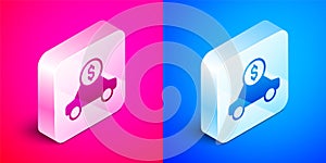 Isometric Car rental icon isolated on pink and blue background. Rent a car sign. Key with car. Concept for automobile