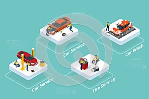 Isometric car repair maintenance autoservice center garage and car service concept. Technicians replace vehicle part