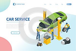 Isometric car repair maintenance autoservice center garage and car service concept. Technicians replace vehicle part