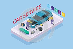 Isometric car repair maintenance autoservice center garage and car service concept. Technicians replace vehicle part