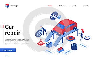 Isometric car repair service vector illustration, cartoon creative banner design for website with 3d people working in