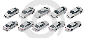 Isometric Car Sedan. Automobile set. Urban transport. Silver sedan car on white background