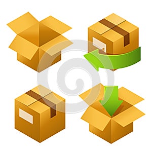 Isometric cardboard boxes set icons. Delivery and free return of gifts or parcels