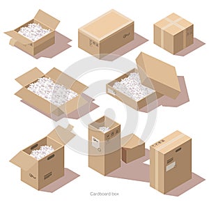 Isometric cardboard package boxes with filler