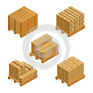 Isometric cargo containers set of wooden pallets and cardboard boxes isolated vector