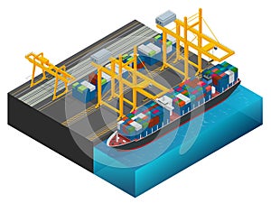 Isometric Cargo containers transshipped between transport vehicles for onward transportation Port warehouse and shipment