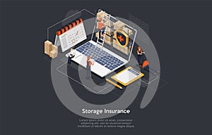 Isometric Cargo Insurance Concept. Workers Work In Warehouse, Storage Goods, Sort And Give Out Cargo Avoiding Of