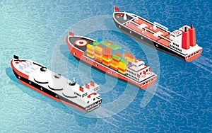 Isometric Cargo Ship Container, LNG Carrier Ship and Oil Tanker