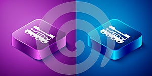 Isometric Cargo train wagon icon isolated on blue and purple background. Freight car. Railroad transportation. Square