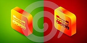 Isometric Cargo train wagon icon isolated on green and red background. Freight car. Railroad transportation. Square