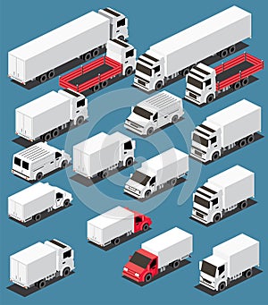 Isometric Cargo Trucks Collection. Commercial Transport Set. Logistics. City Object for Infographics