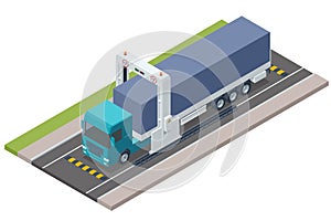 Isometric cargo vehicle is going through a mobile x-ray control. Mobile x-ray scanning system is used against smuggling photo